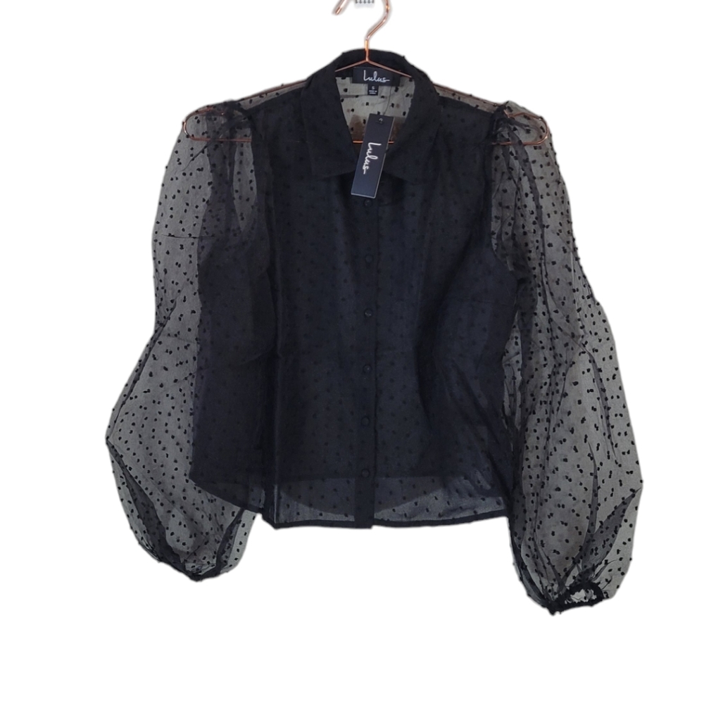 LULU'S Black Long Sleeve Swiss Dot Sheer Button Front Shirt Size S